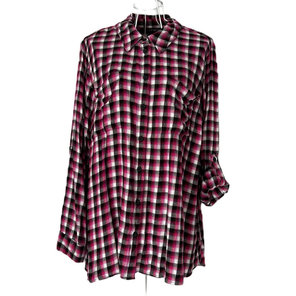 Lane Bryant Top Women 22/24 Pink Black Plaid Button Up Roll Tab Tunic Cabin Farm